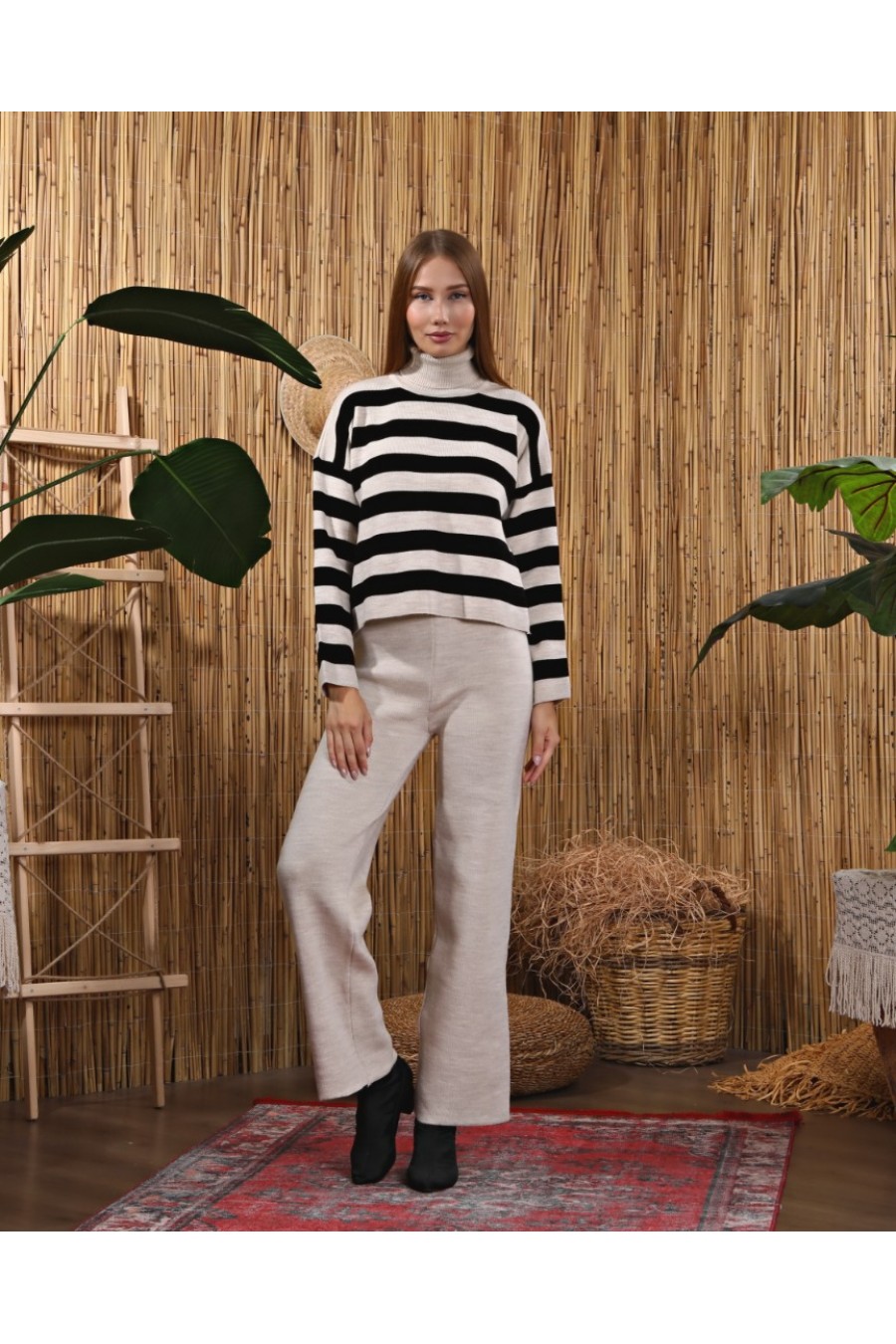 Kadın Kalın Çizgili Triko Kazak