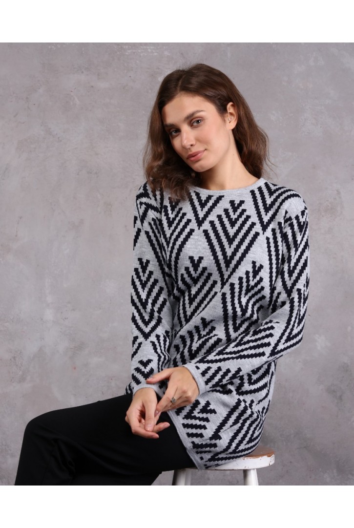 Kadın Verev Çizgi Desenli Triko Kazak