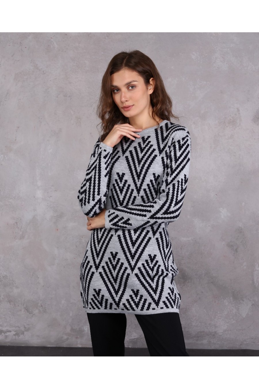 Kadın Verev Çizgi Desenli Triko Kazak