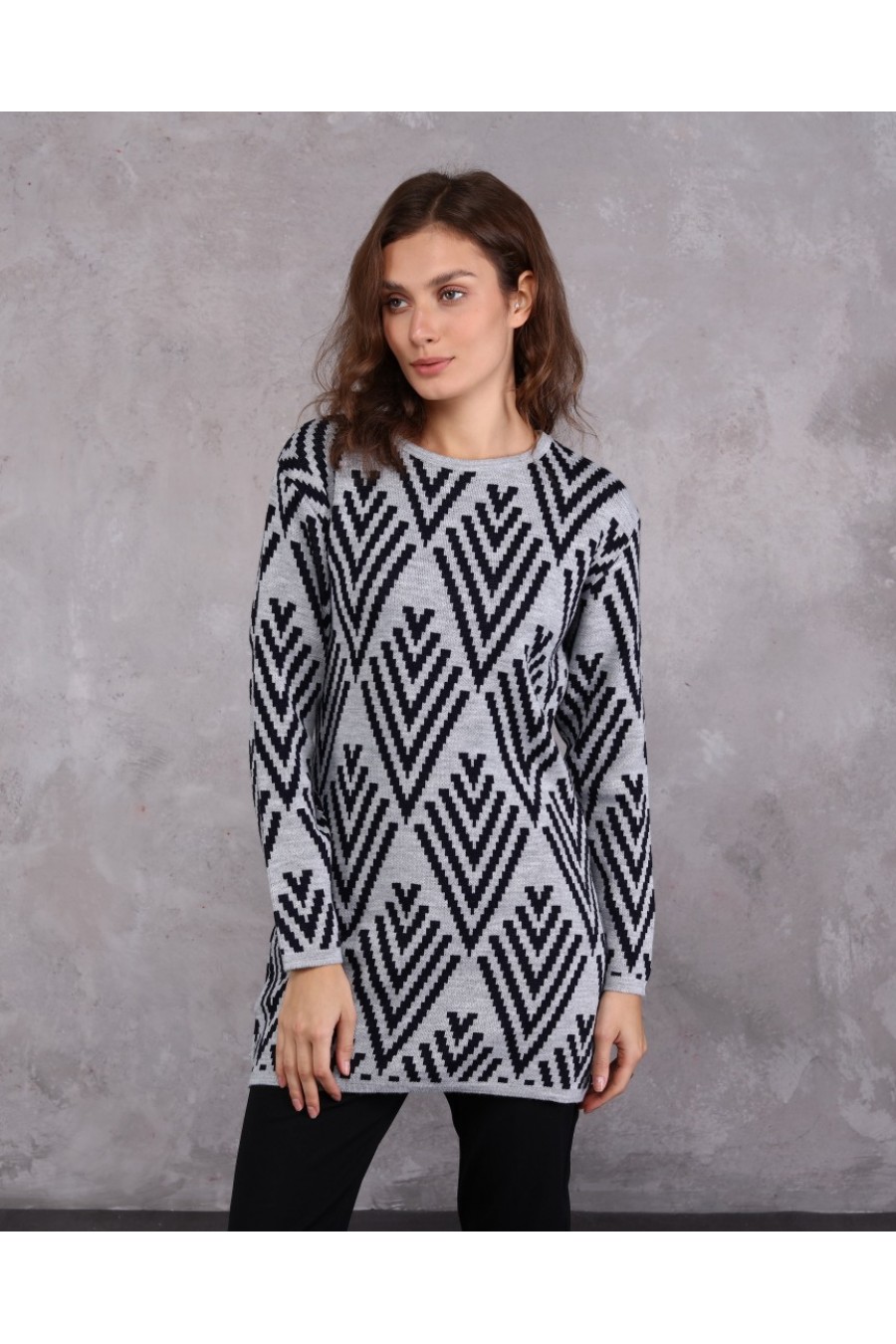 Kadın Verev Çizgi Desenli Triko Kazak