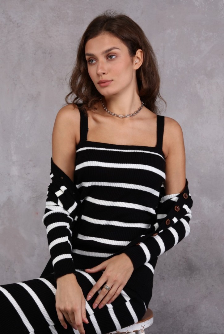 Kadın Çizgili Elbise-Hırka Triko Takımı