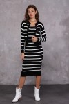 Kadın Çizgili Elbise-Hırka Triko Takımı
