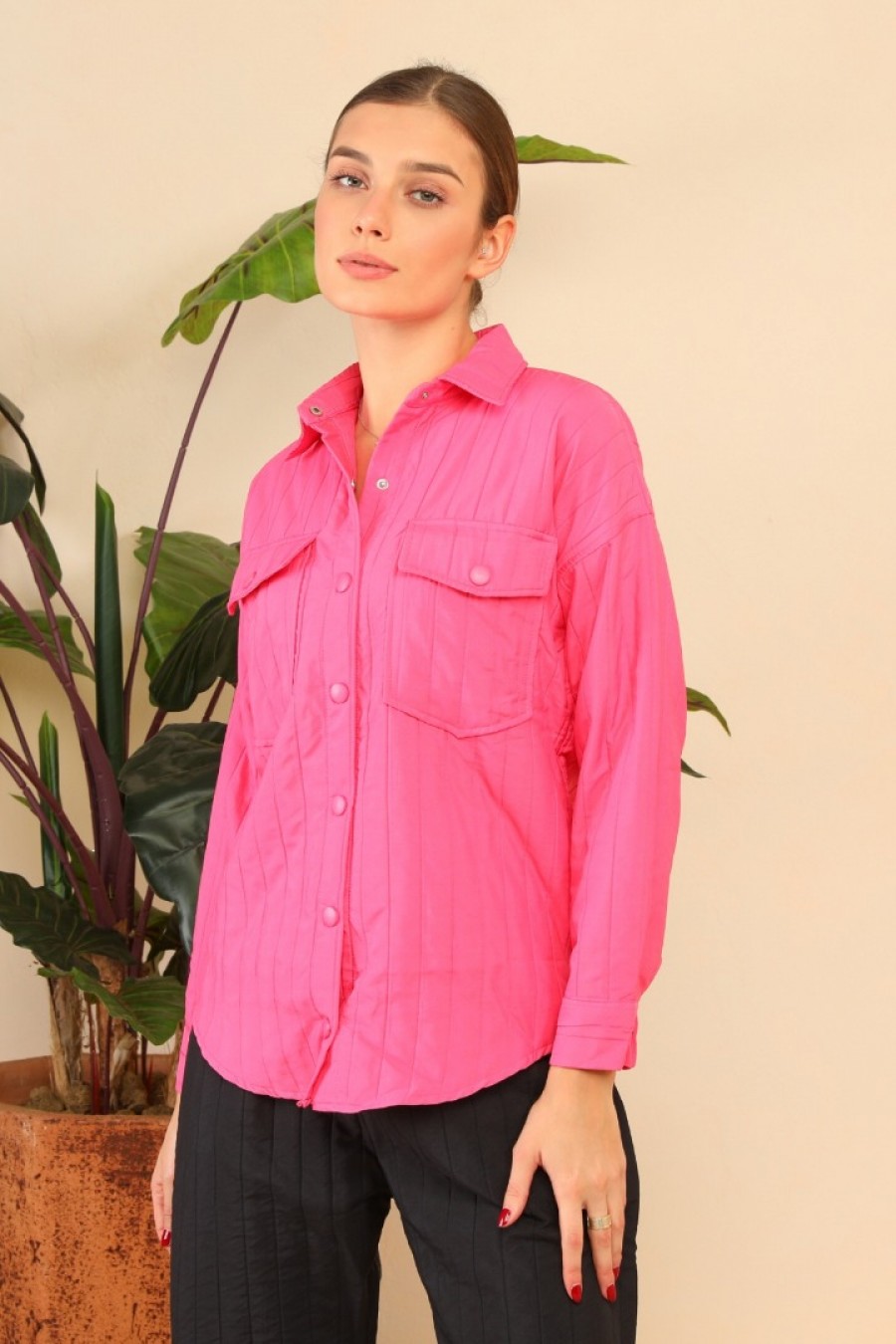 16715 Kadın Kapitone Gömlek Ceket