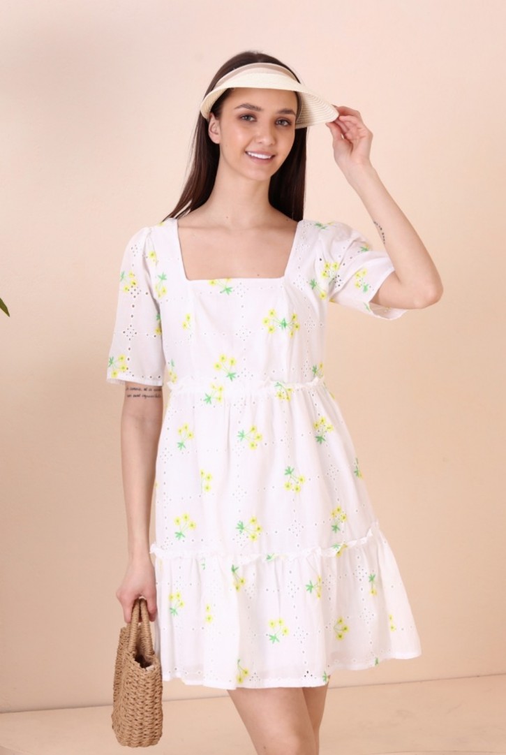 Kadın Kare Yaka Yarım Kollu Mini Elbise