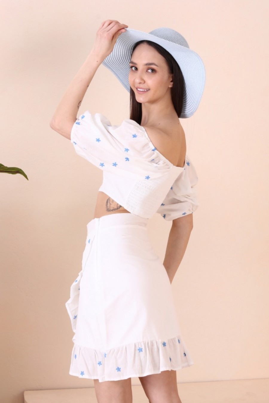 16861 Kadın Çıtır Desenli Karpuz Kollu Crop