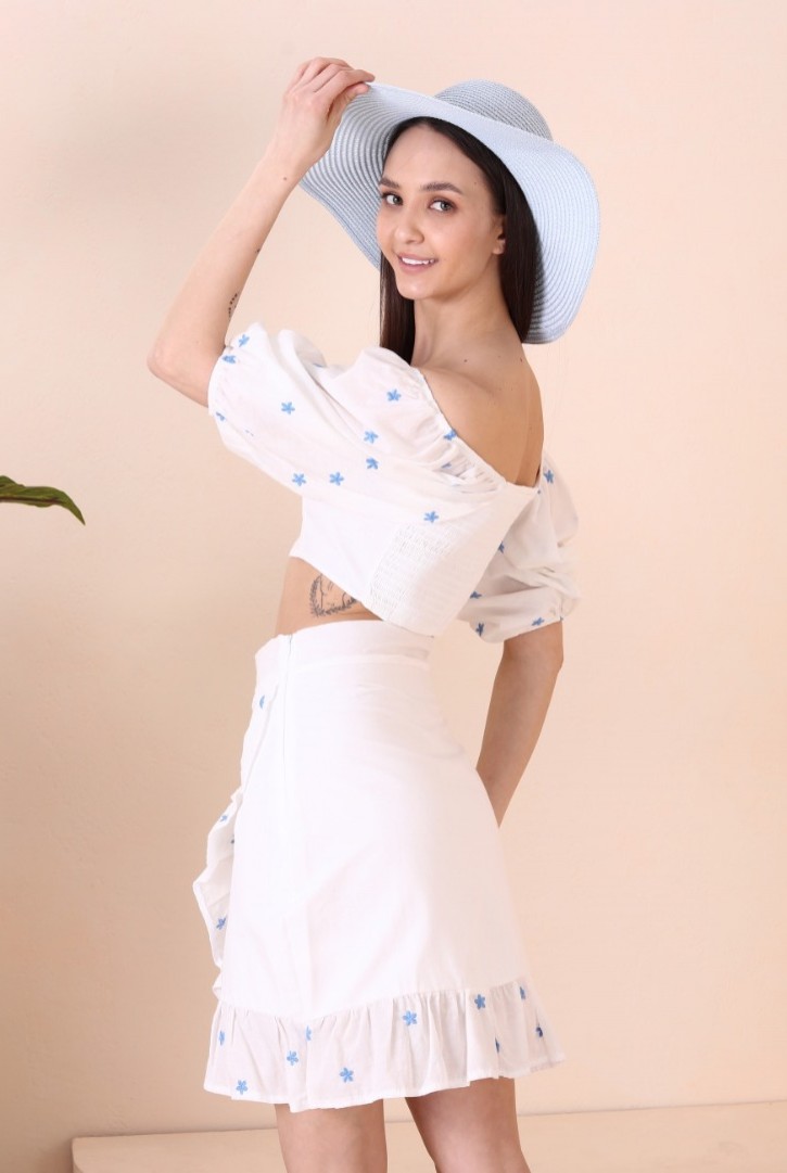 Kadın Çıtır Desenli Karpuz Kollu Crop