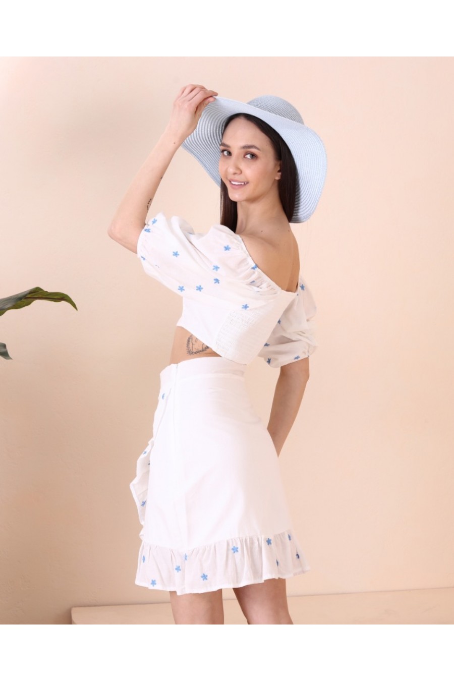 16861 Kadın Çıtır Desenli Karpuz Kollu Crop