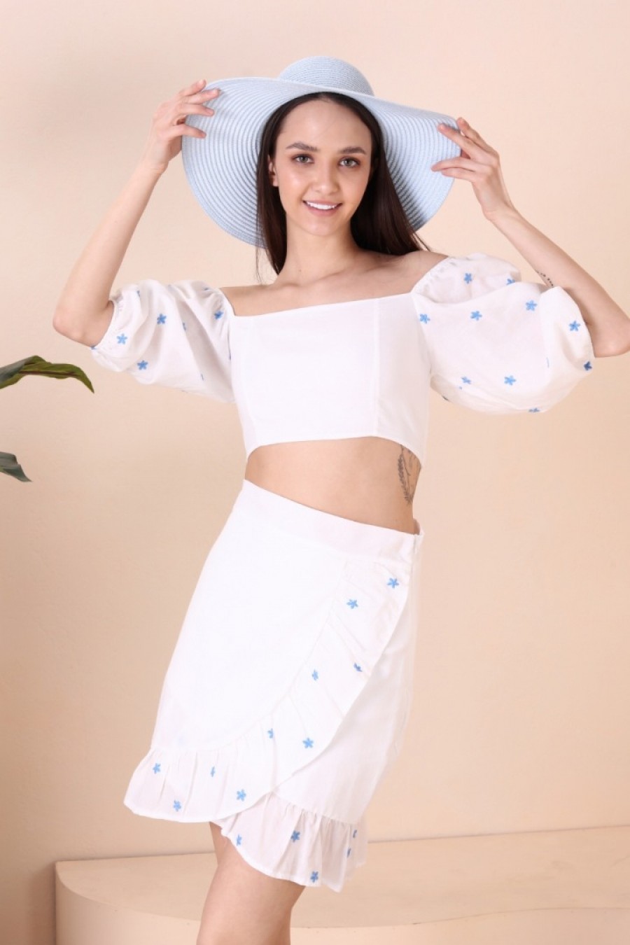 16861 Kadın Çıtır Desenli Karpuz Kollu Crop