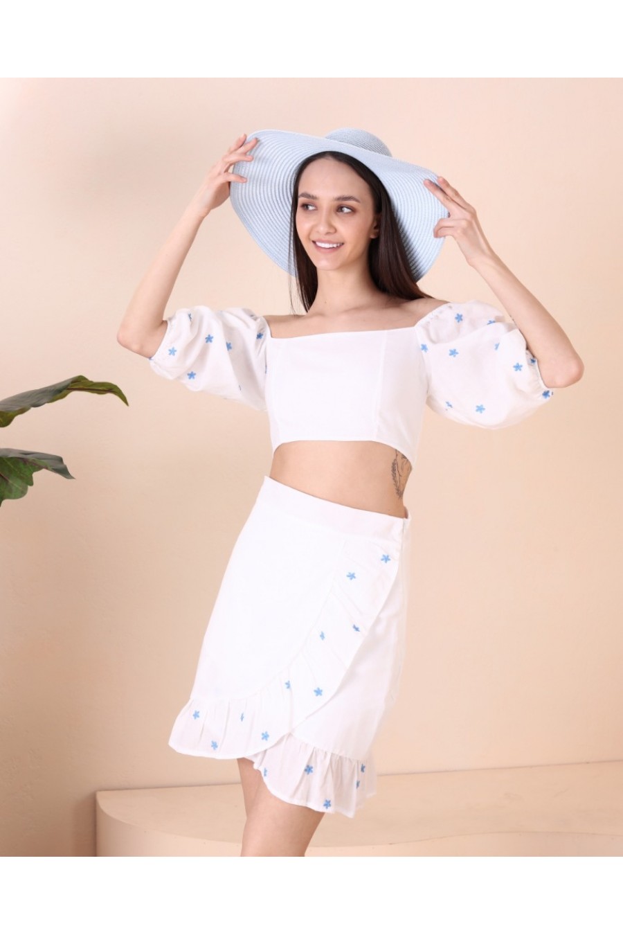 16861 Kadın Çıtır Desenli Karpuz Kollu Crop