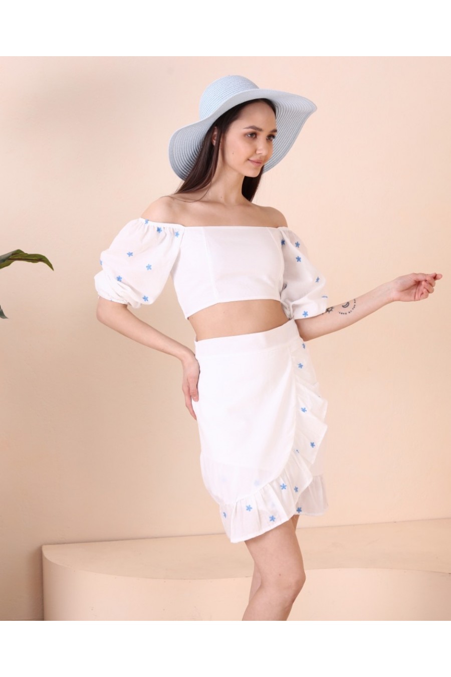 16861 Kadın Çıtır Desenli Karpuz Kollu Crop