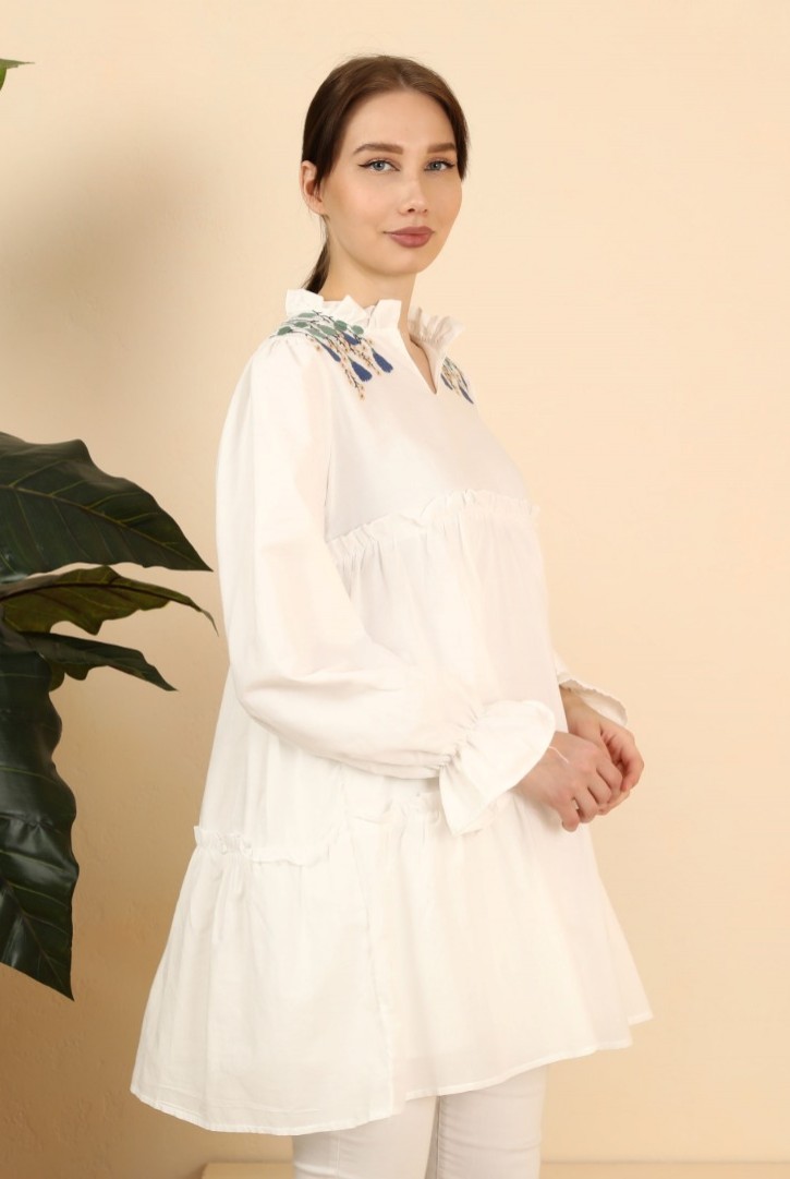 Kadın Büzgü Katlı Nakışlı Tunik