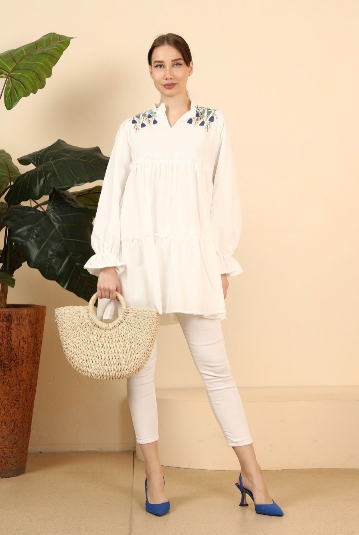 Kadın Büzgü Katlı Nakışlı Tunik