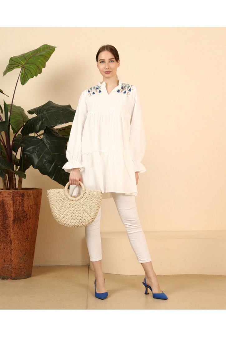 Kadın Büzgü Katlı Nakışlı Tunik