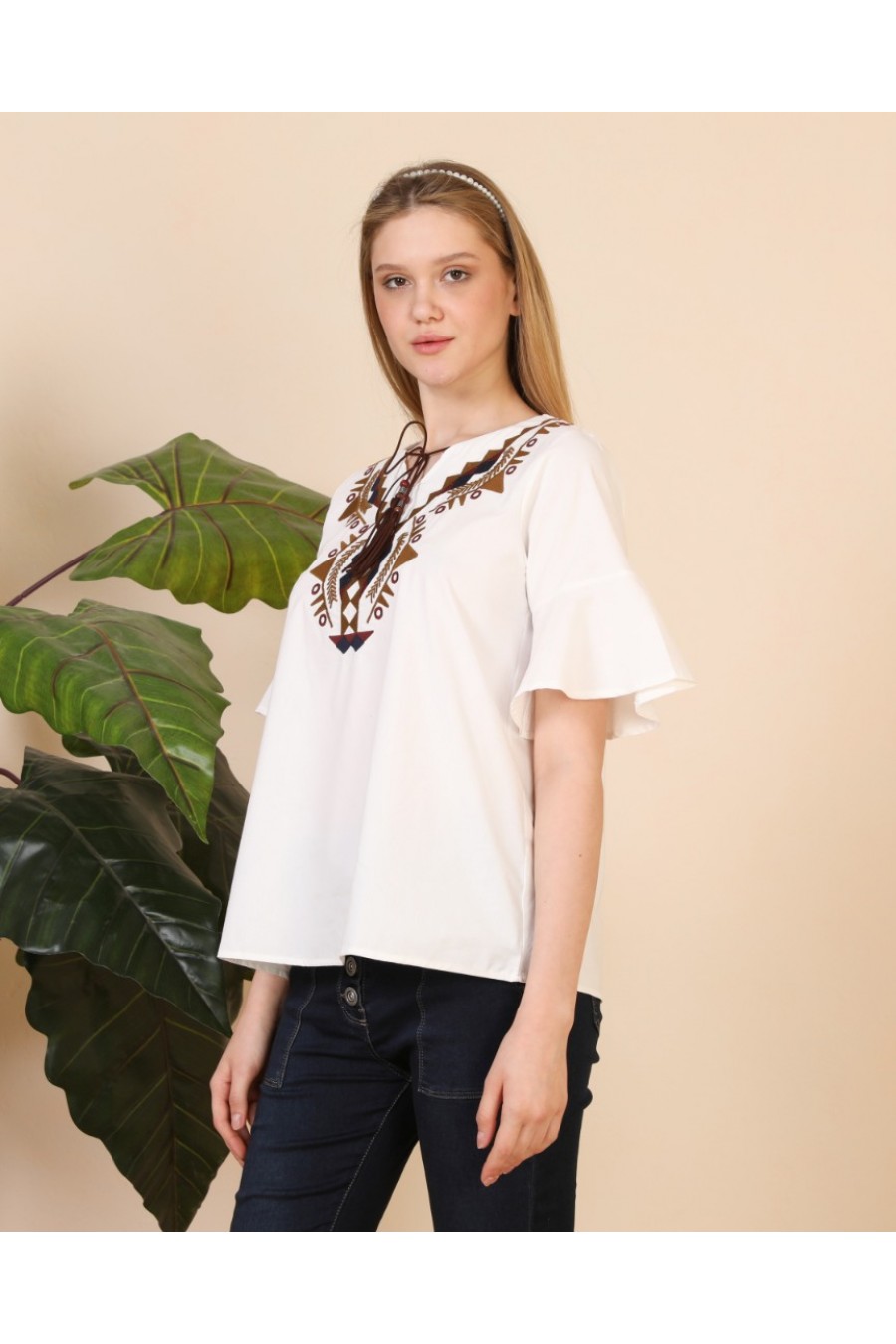 16996 Kadın Kolu Volanlı Pamuk Tişört