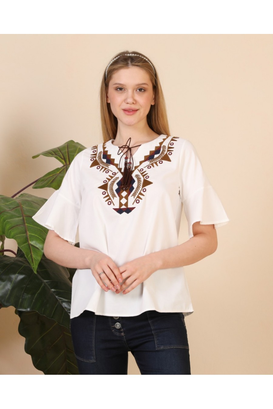 16996 Kadın Kolu Volanlı Pamuk Tişört