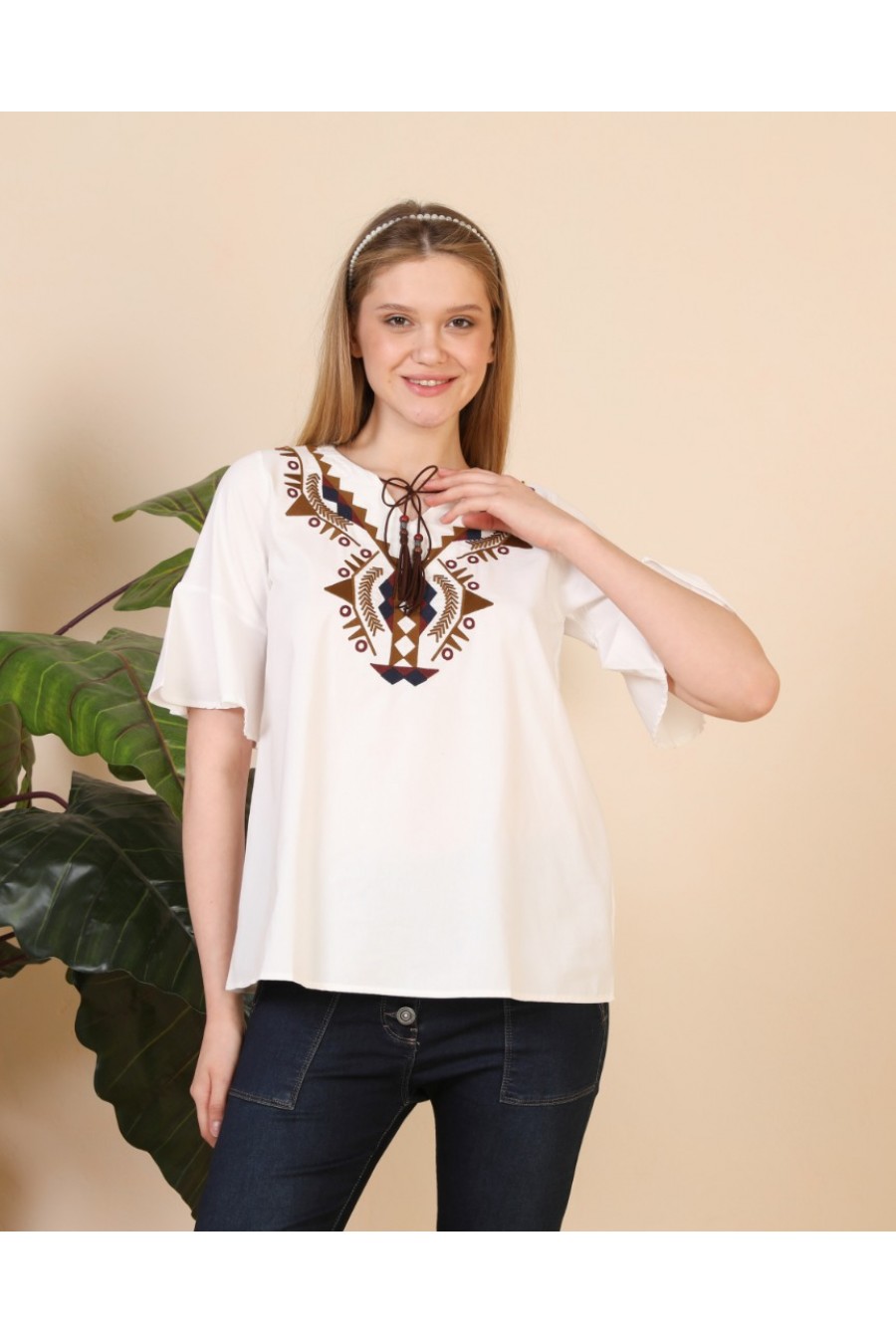 16996 Kadın Kolu Volanlı Pamuk Tişört