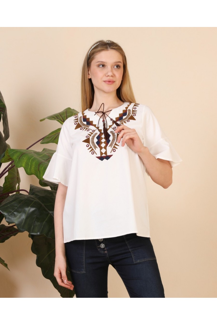 16996 Kadın Kolu Volanlı Pamuk Tişört