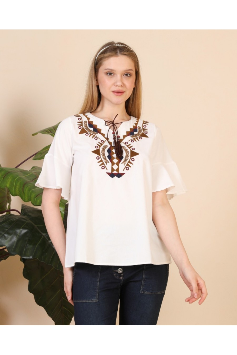 16996 Kadın Kolu Volanlı Pamuk Tişört