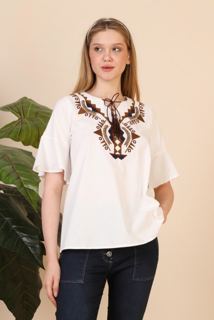 Kadın Kolu Volanlı Pamuk Tişört