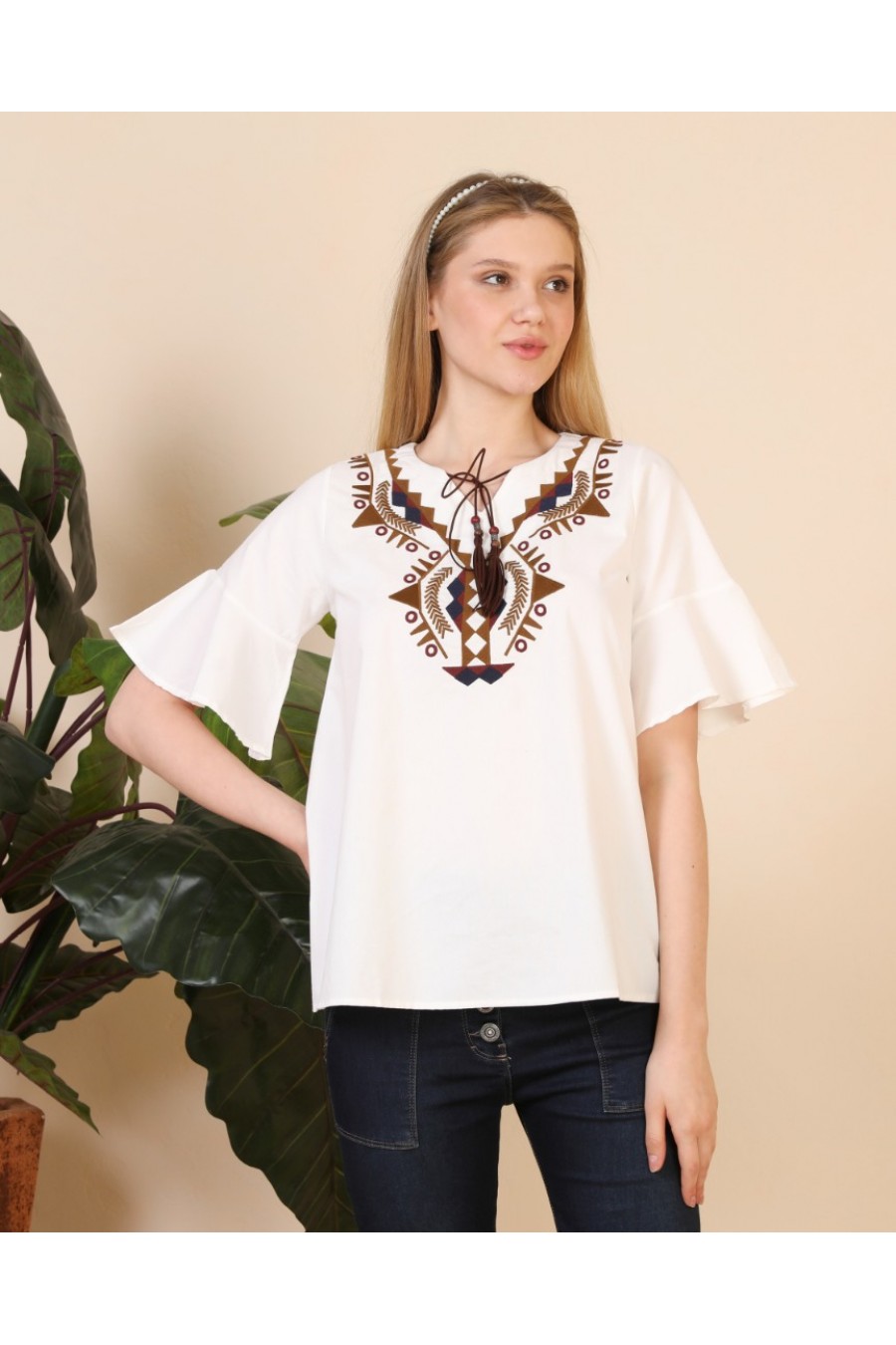 16996 Kadın Kolu Volanlı Pamuk Tişört