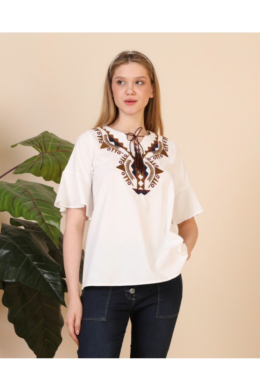 16996 Kadın Kolu Volanlı Pamuk Tişört