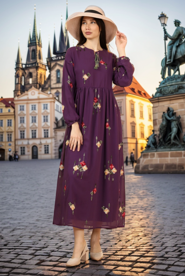 ETNİK UZUN KOLLU MAXİ ELBİSE