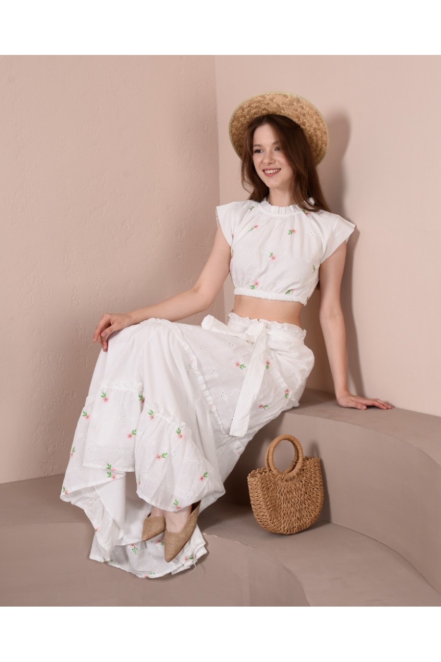 17341 17341  HAZIR GİYİM/ETEK/KASAR ZEMİN/KAHVE ÇİÇEK-YEŞİL DAL/M