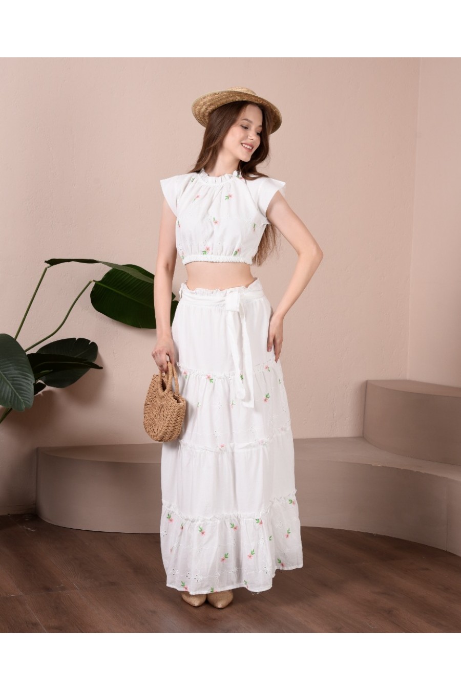 17341 17341  HAZIR GİYİM/ETEK/KASAR ZEMİN/KAHVE ÇİÇEK-YEŞİL DAL/M