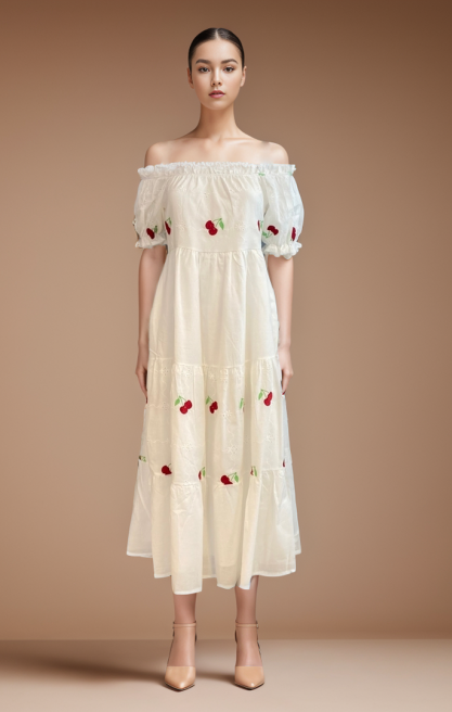 STRAPLEZ KİRAZ DESENLİ MİDİ ELBİSE