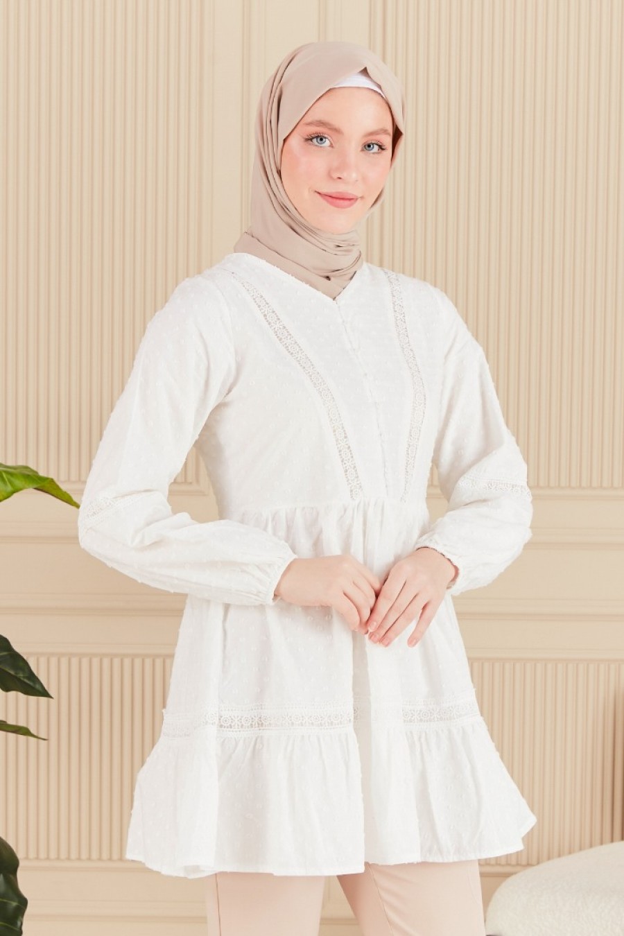 18209 PUANTİYELİ DANTEL ŞERİTLİ TUNİK