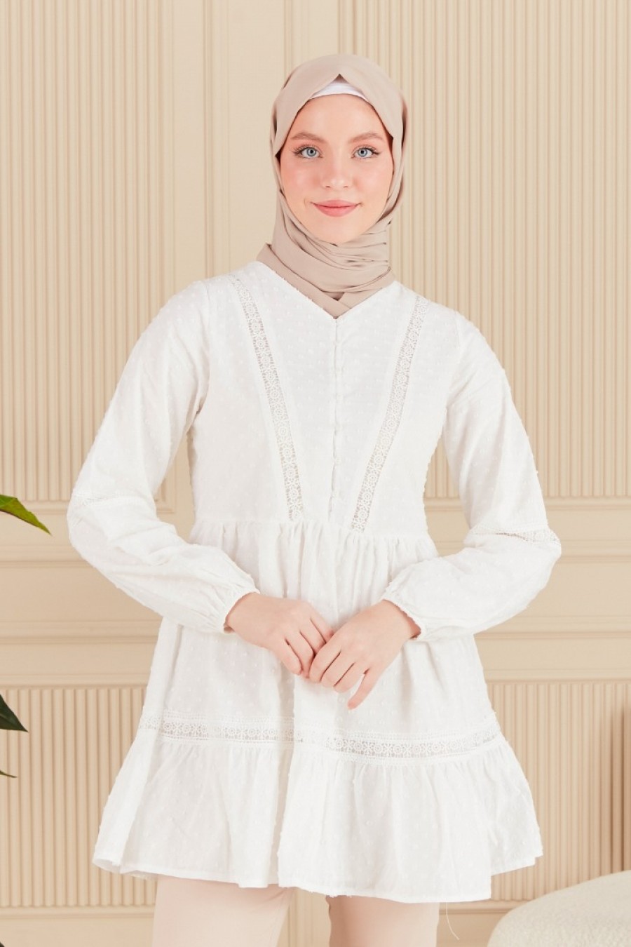 18209 PUANTİYELİ DANTEL ŞERİTLİ TUNİK