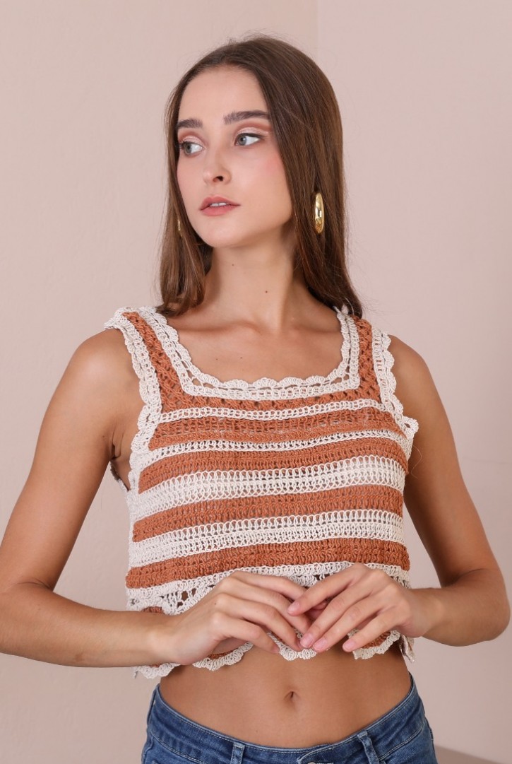 Kadın Tığ İşi İki Renkli Askılı Bluz