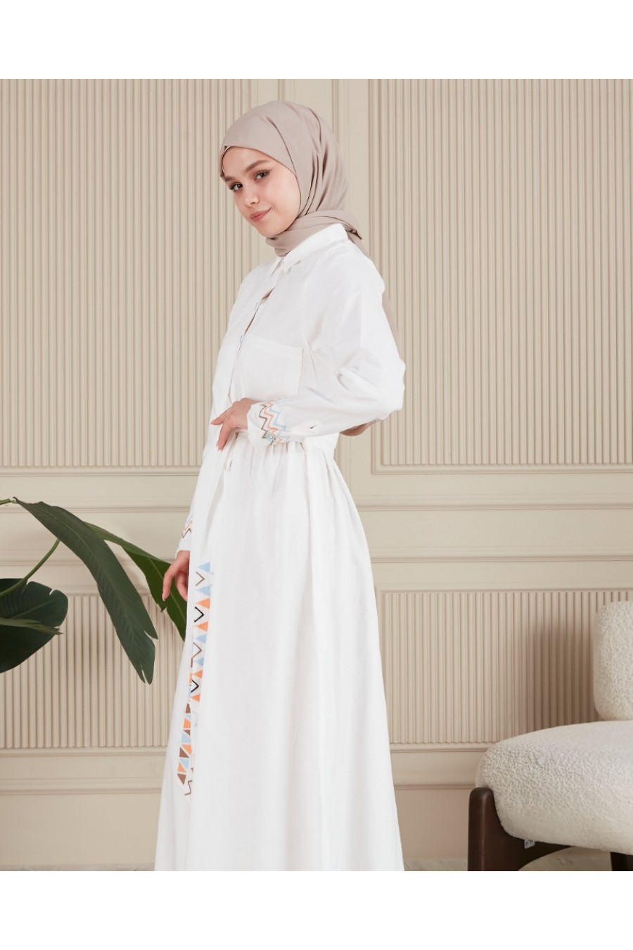 18230 ETNİK DESENLİ KEMERLİ GÖMLEK ELBİSE