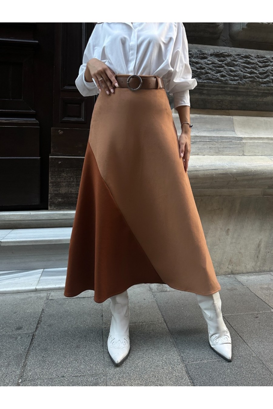 18425 Kadın İki Renkli Süet Etek