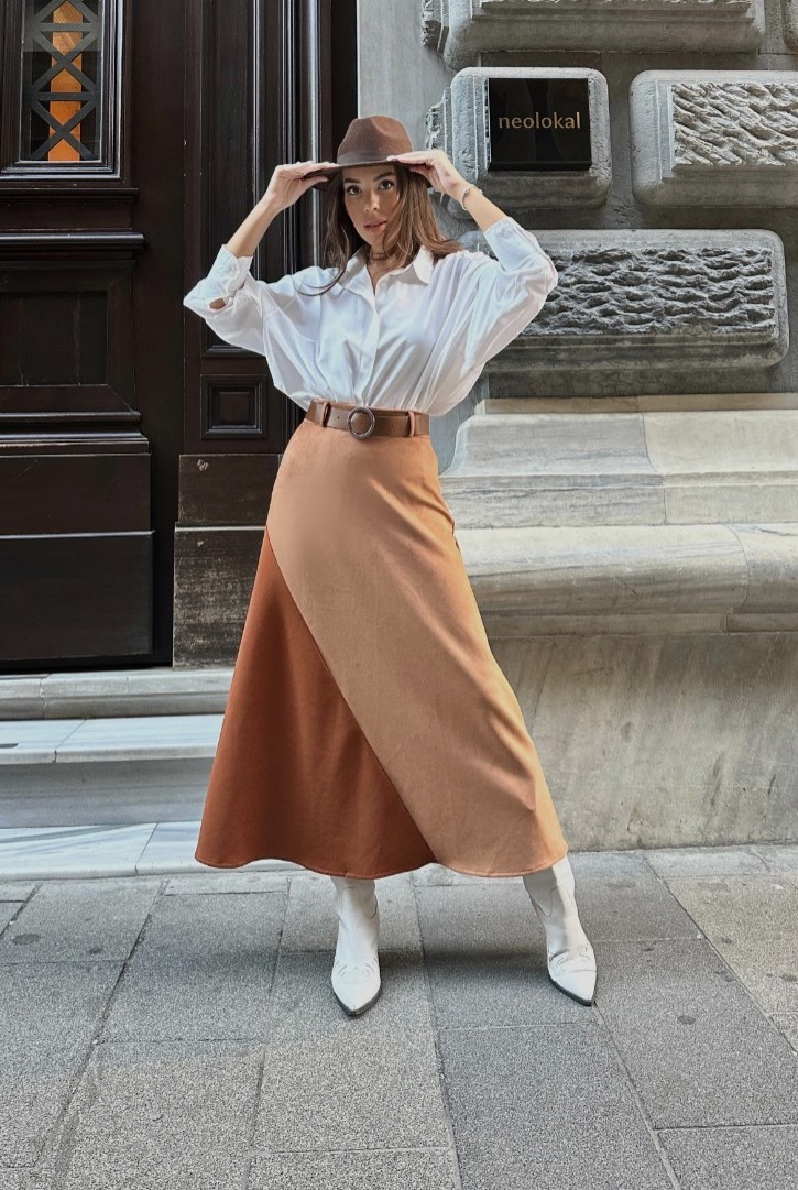 Kadın İki Renkli Süet Etek