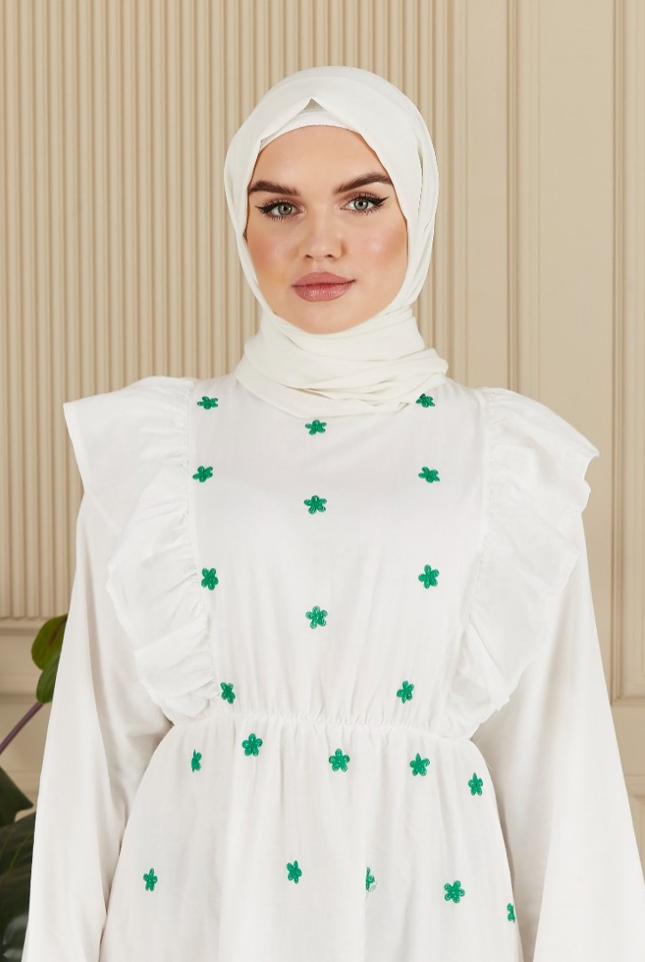 NAKIŞLI FIRFIR DETAYLI MAXİ ELBİSE