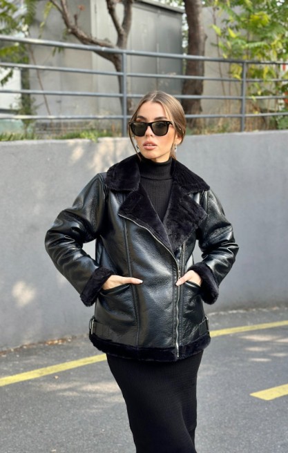 Kadın İçi Kürklü Cepli Deri Mont