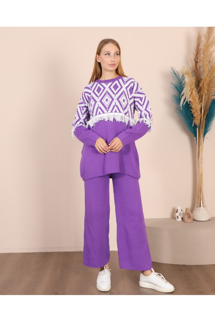 18703 Kadın Baklava Desenli Triko Takım