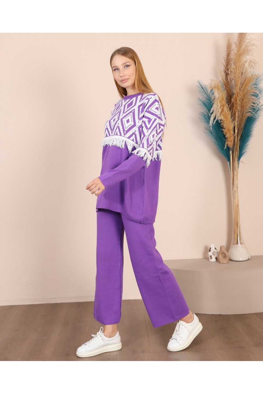 18703 Kadın Baklava Desenli Triko Takım