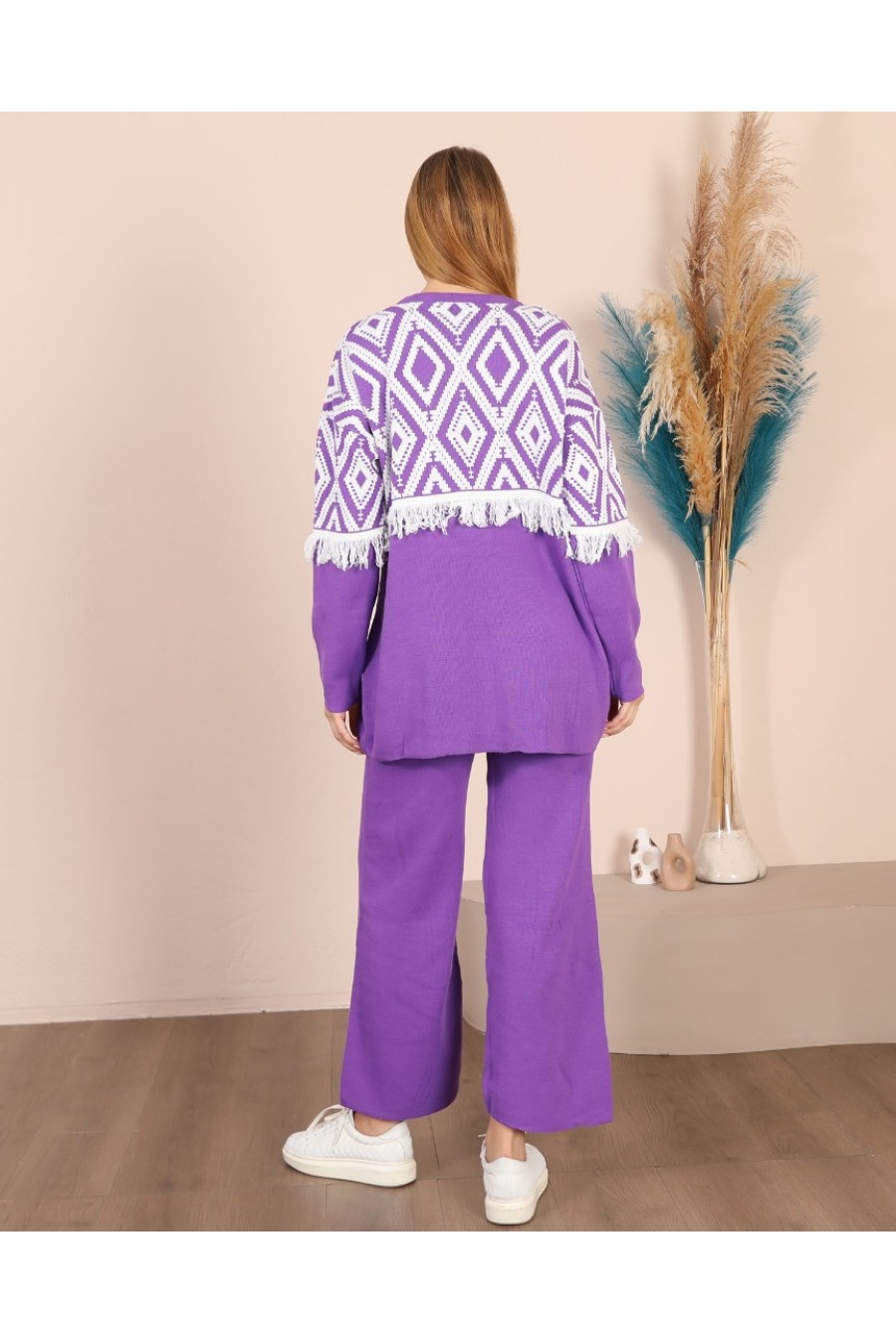 18703 Kadın Baklava Desenli Triko Takım