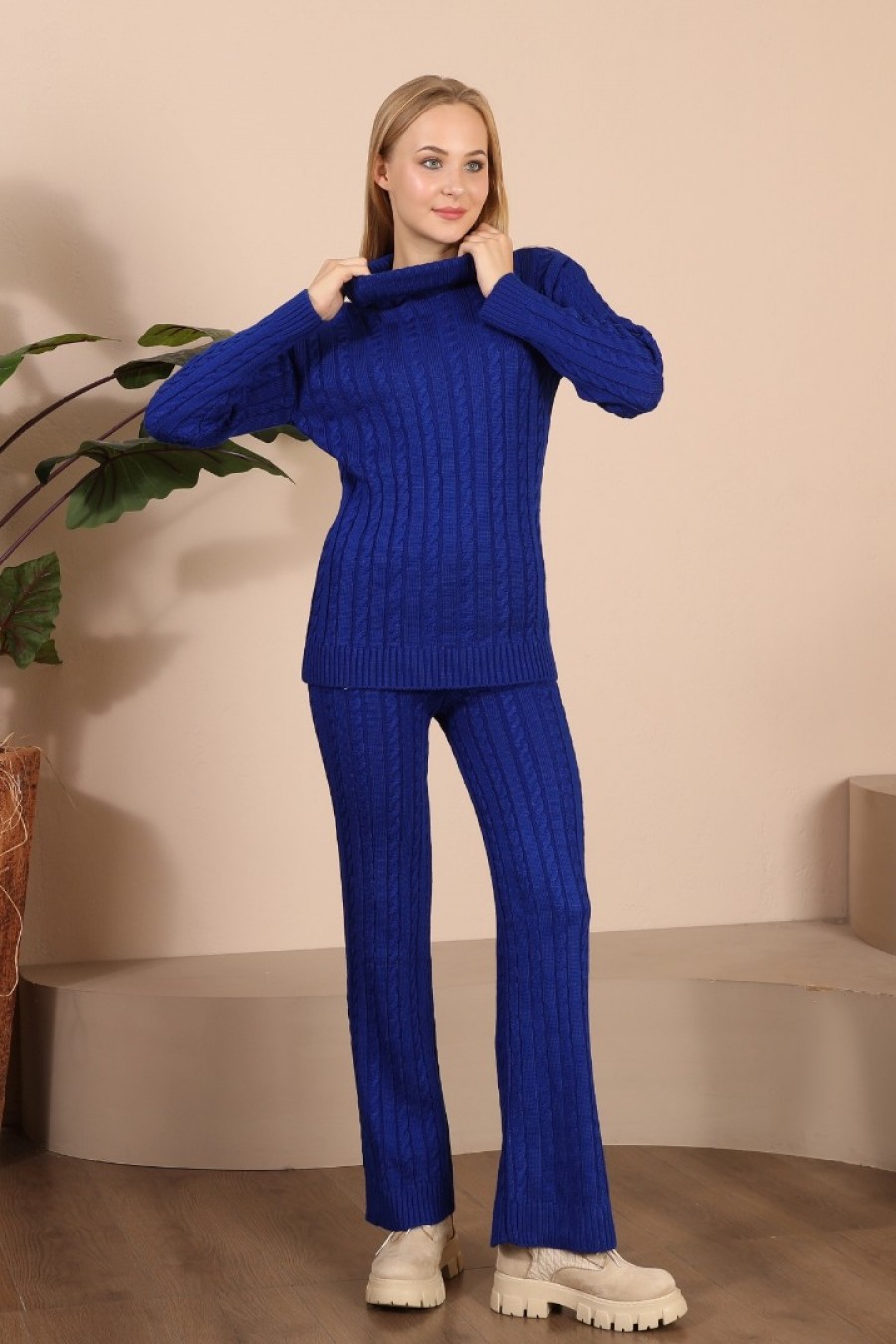 Kadın Örgü Desenli Triko Takım