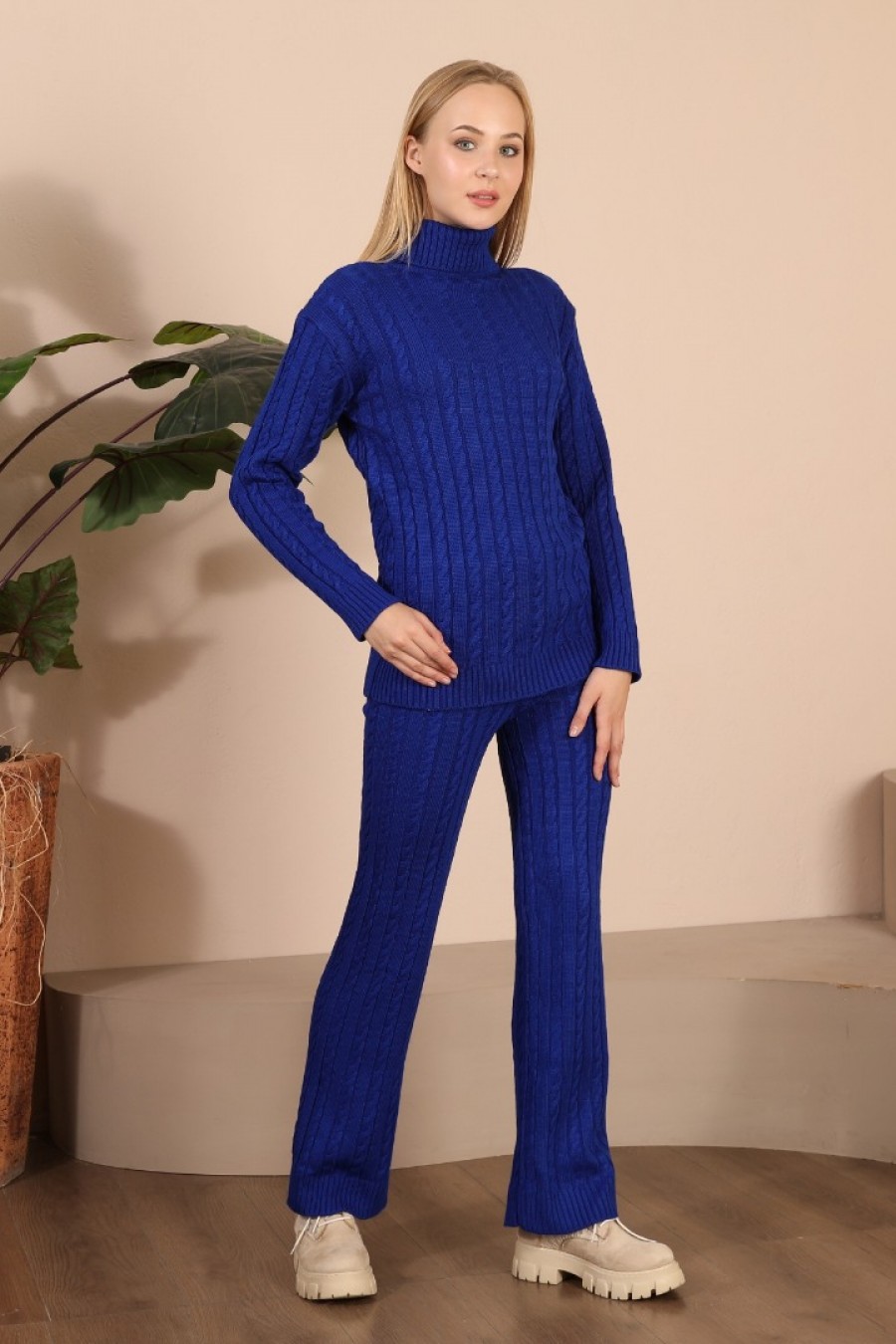 Kadın Örgü Desenli Triko Takım