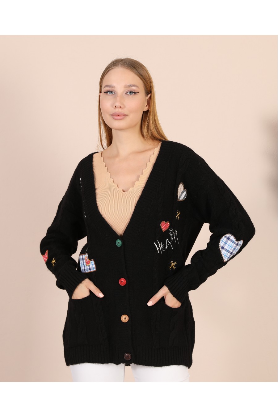 18837 Kadın Aplikeli Triko Hırka