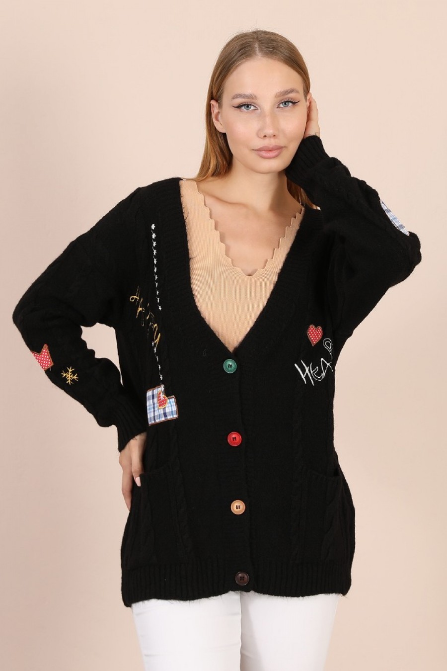 18837 Kadın Aplikeli Triko Hırka