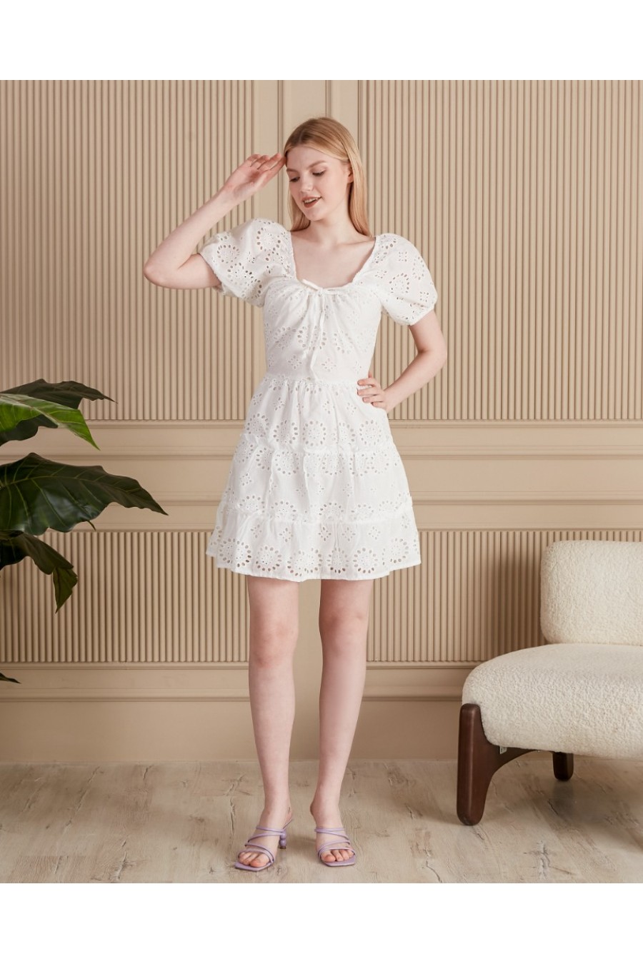 19250 Kadın Kalp Yaka Balon Kollu Elbise