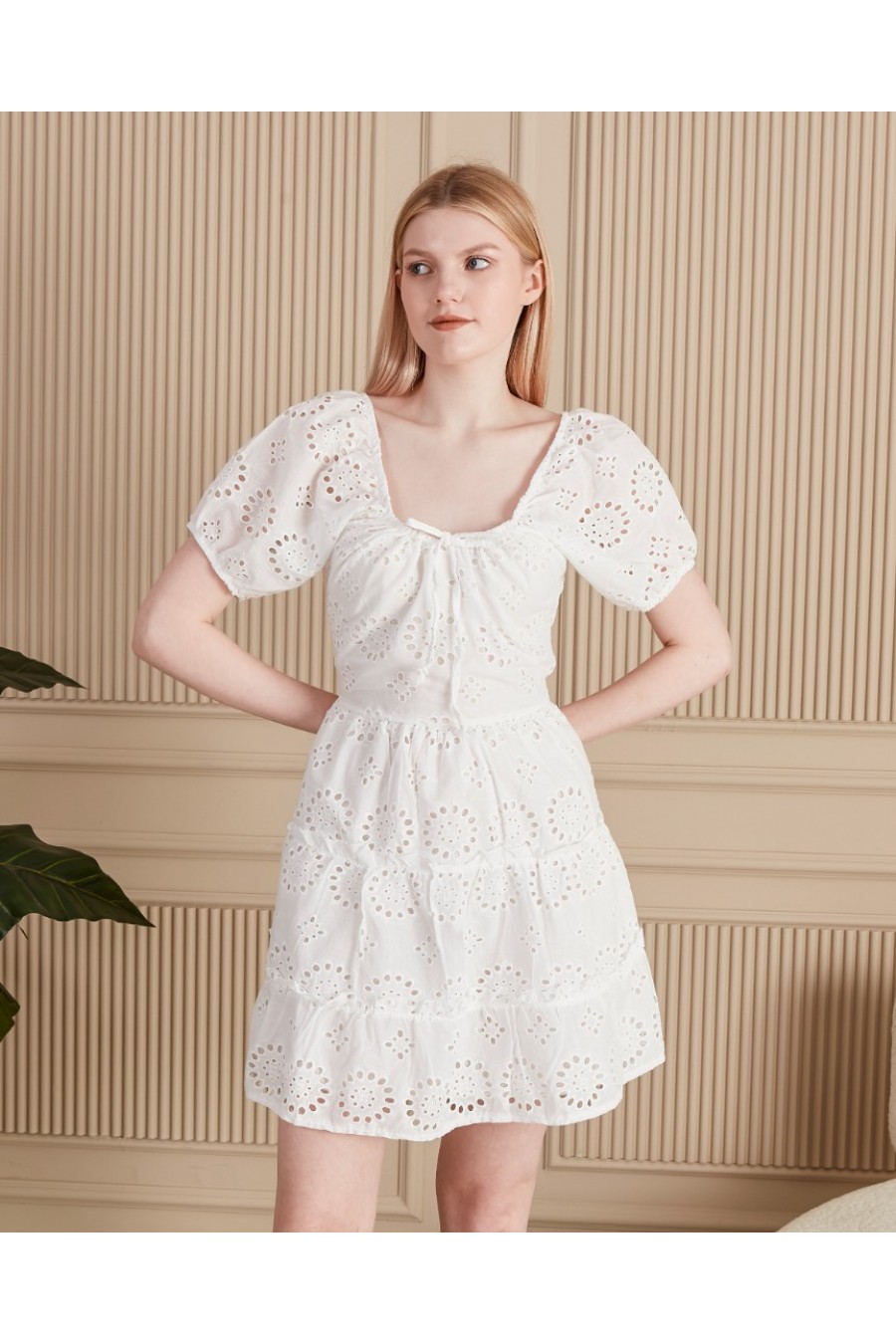 19250 Kadın Kalp Yaka Balon Kollu Elbise