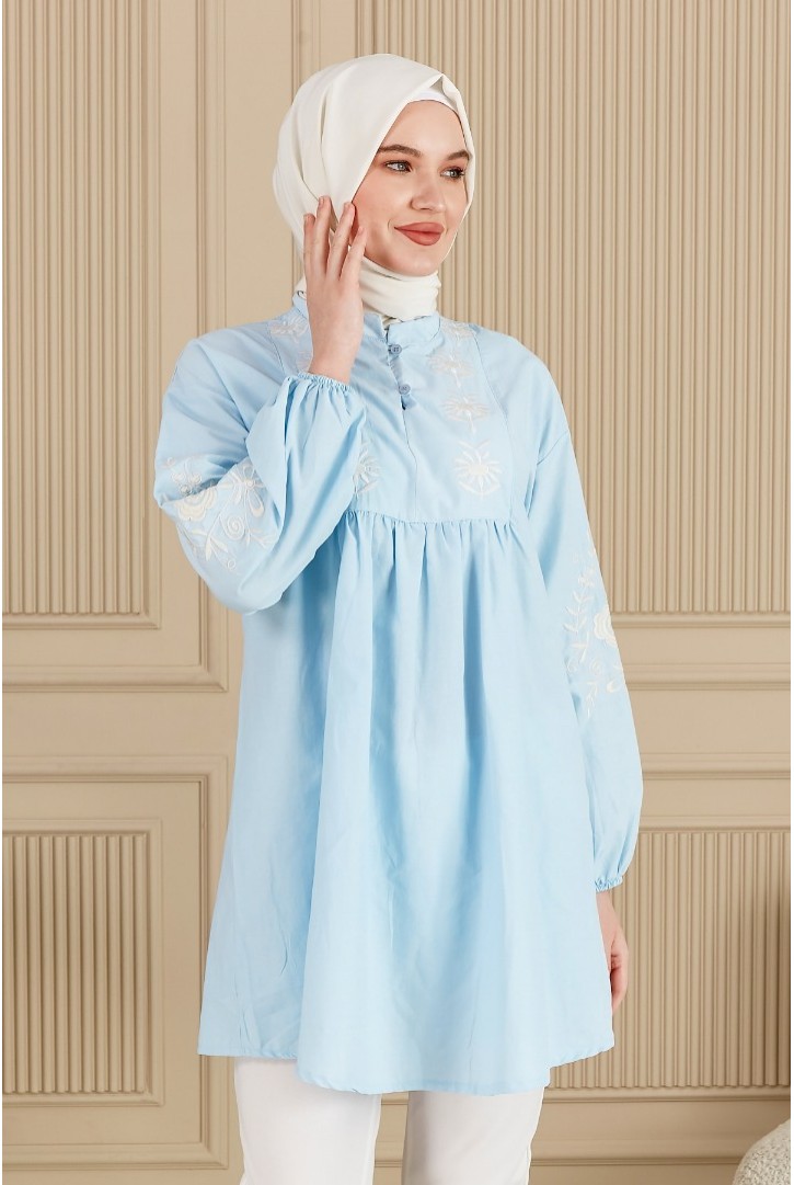 19257 HAZIR GİYİM/TUNİK/KREM NAKIŞ/SÜTLÜ KAHVE ZEMİN/L