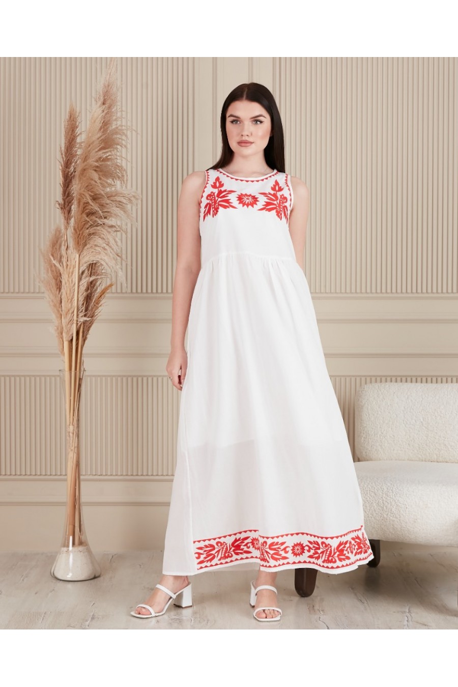 19283 KIRMIZI NAKIŞ DETAYLI KOLSUZ MAXİ ELBİSE