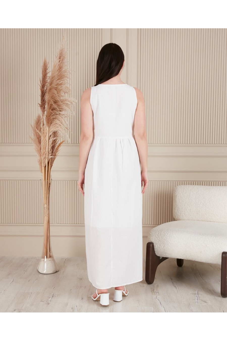 19283 KIRMIZI NAKIŞ DETAYLI KOLSUZ MAXİ ELBİSE