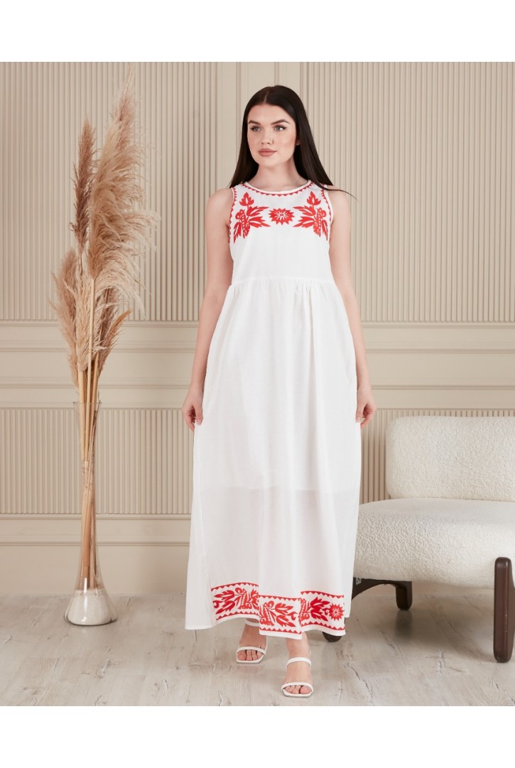 KIRMIZI NAKIŞ DETAYLI KOLSUZ MAXİ ELBİSE